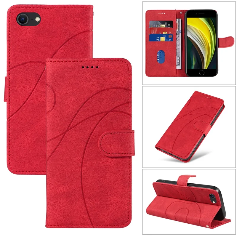 Leather Case for iPhone 6 / 6s / 7 / 8 / SE (2020) / SE (2022) , Imprinted Line Wallet Stand Phone Cover - Red
