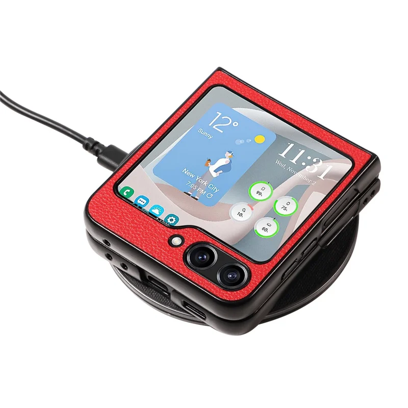 For Samsung Galaxy Z Flip5 5G Litchi Texture Phone Case PU Leather Coated PC Slim Fit Cover - Red