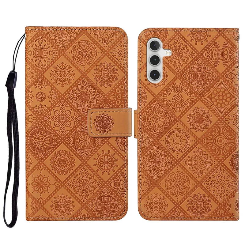 Leather Wallet Case for Samsung Galaxy S23 FE , Imprinted Flower Phone Stand Cover - Brown