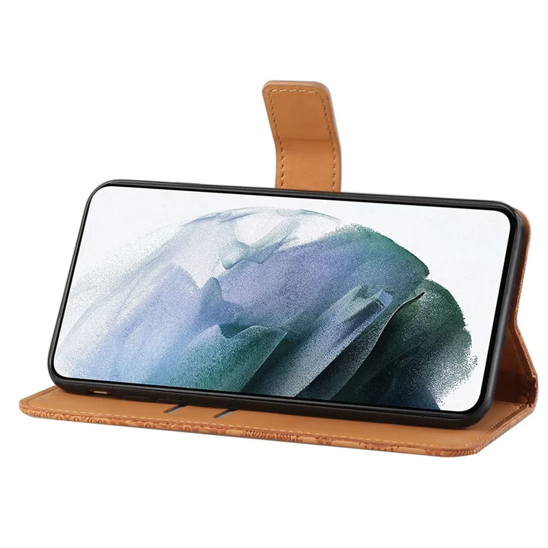 Leather Wallet Case for Samsung Galaxy S23 FE , Imprinted Flower Phone Stand Cover - Brown