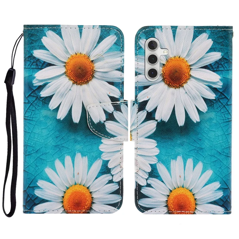 Pattern Printing PU Leather Cover for Samsung Galaxy S23 FE Cross Texture Wallet Phone Case with Strap - Chrysanthemum