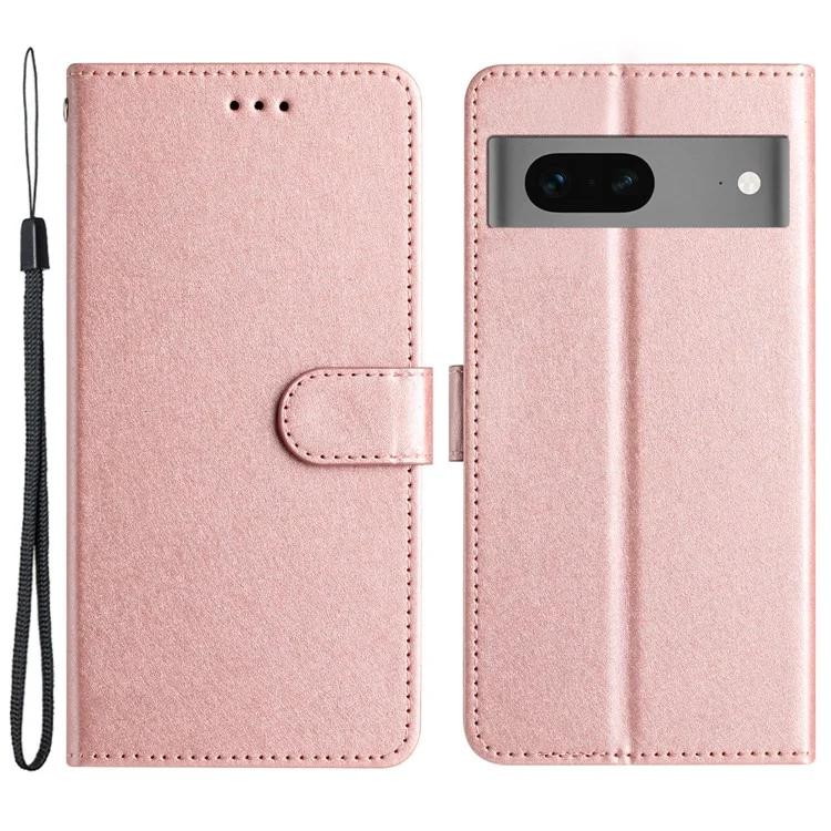 Para Google Pixel 7 5G Funda de Cartera de Textura de Seda PU Leather Stand Shockproof Phone Cover con Correa - Oro Rosa
