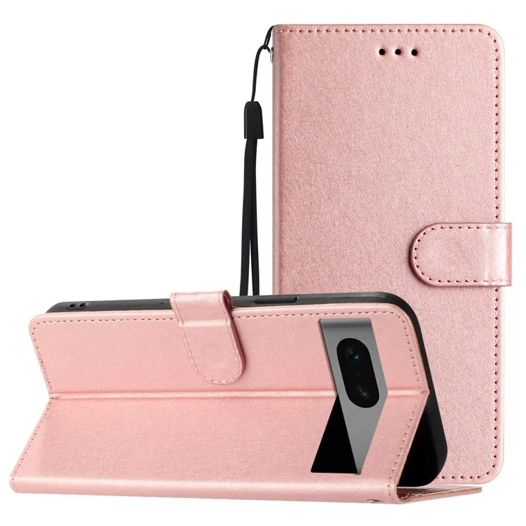 Para Google Pixel 7 5G Funda de Cartera de Textura de Seda PU Leather Stand Shockproof Phone Cover con Correa - Oro Rosa