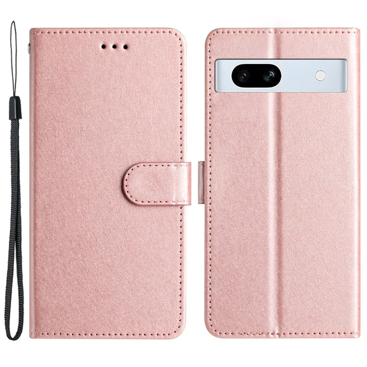 For Google Pixel 7a PU Leather Silk Texture Phone Case Wallet Stand Magnetic Flip Cover with Strap - Rose Gold