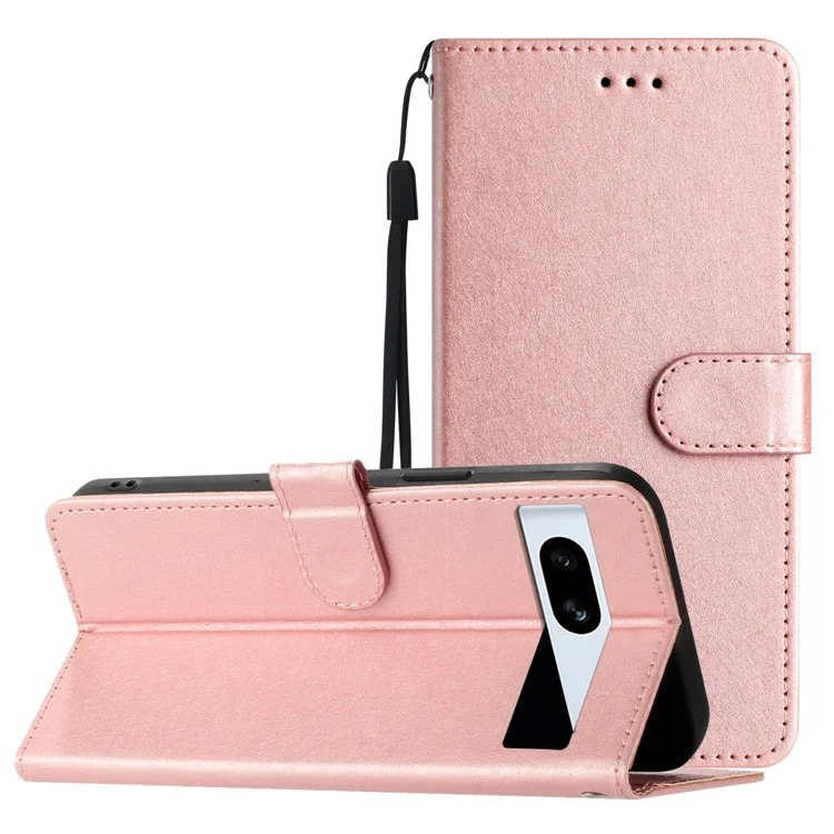For Google Pixel 7a PU Leather Silk Texture Phone Case Wallet Stand Magnetic Flip Cover with Strap - Rose Gold