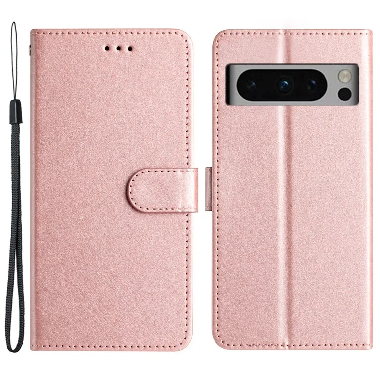 Для Google Pixel 8 Pro PU Leather Stand Cover Wallet Design Silk Texture Phone Case с ремнем - Розовое золото