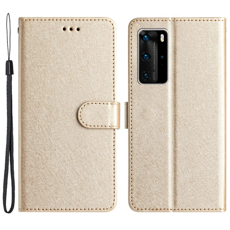 For Huawei P40 Pro Wallet Phone Case PU Leather Silk Texture Stand Protective Cover with Strap - Gold