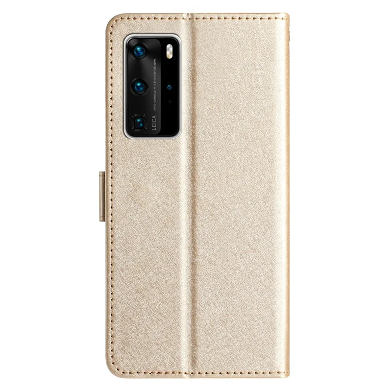 For Huawei P40 Pro Wallet Phone Case PU Leather Silk Texture Stand Protective Cover with Strap - Gold