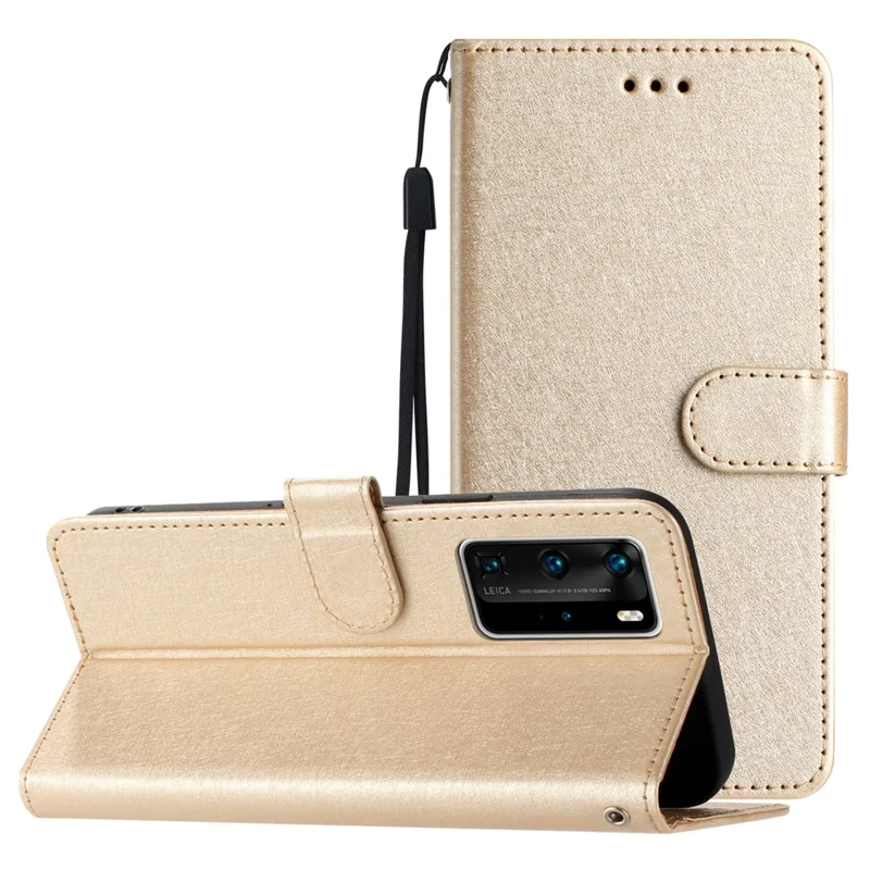 For Huawei P40 Pro Wallet Phone Case PU Leather Silk Texture Stand Protective Cover with Strap - Gold