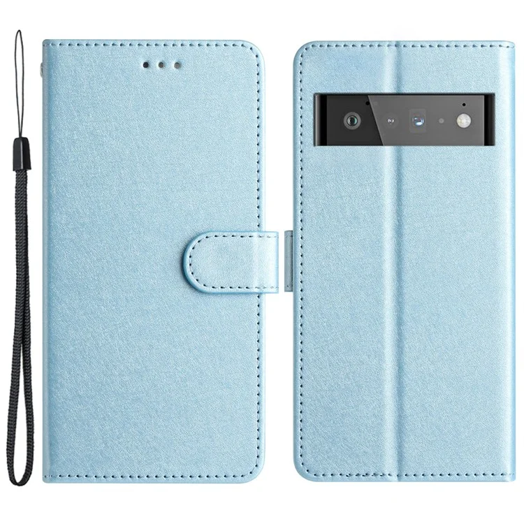 For Google Pixel 6 Pro 5G Protective PU Leather Flip Case Silk Texture Stand Wallet Phone Cover with Strap - Sky Blue