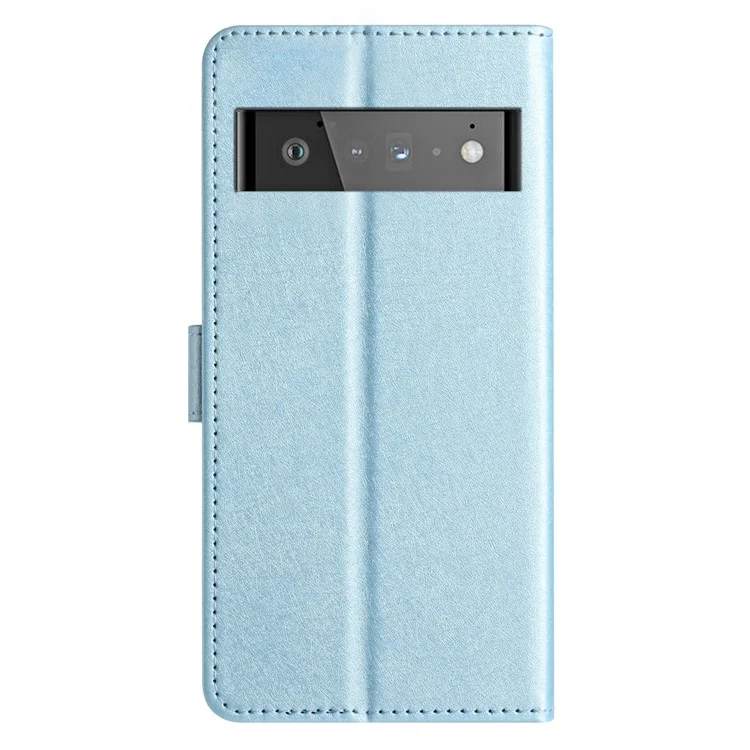 For Google Pixel 6 Pro 5G Protective PU Leather Flip Case Silk Texture Stand Wallet Phone Cover with Strap - Sky Blue