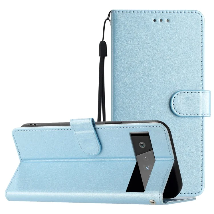 For Google Pixel 6 Pro 5G Protective PU Leather Flip Case Silk Texture Stand Wallet Phone Cover with Strap - Sky Blue