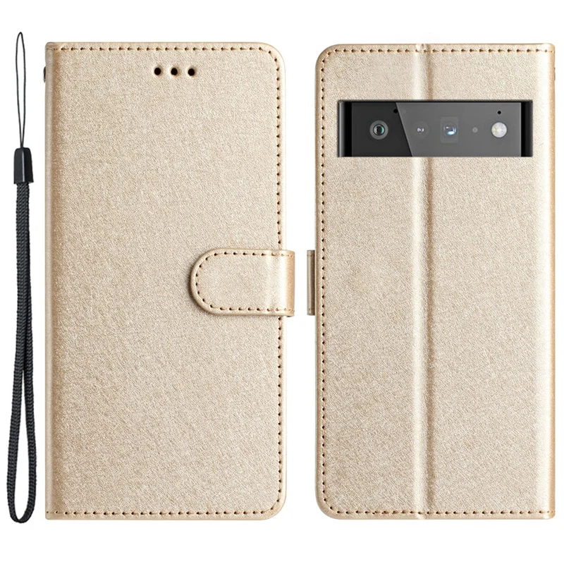 غطاء واقي لهاتف Google Pixel 6 Pro 5G من جلد PU بنسيج حريري مع محفظة قابلة للطي وحامل وشريط - ذهبي