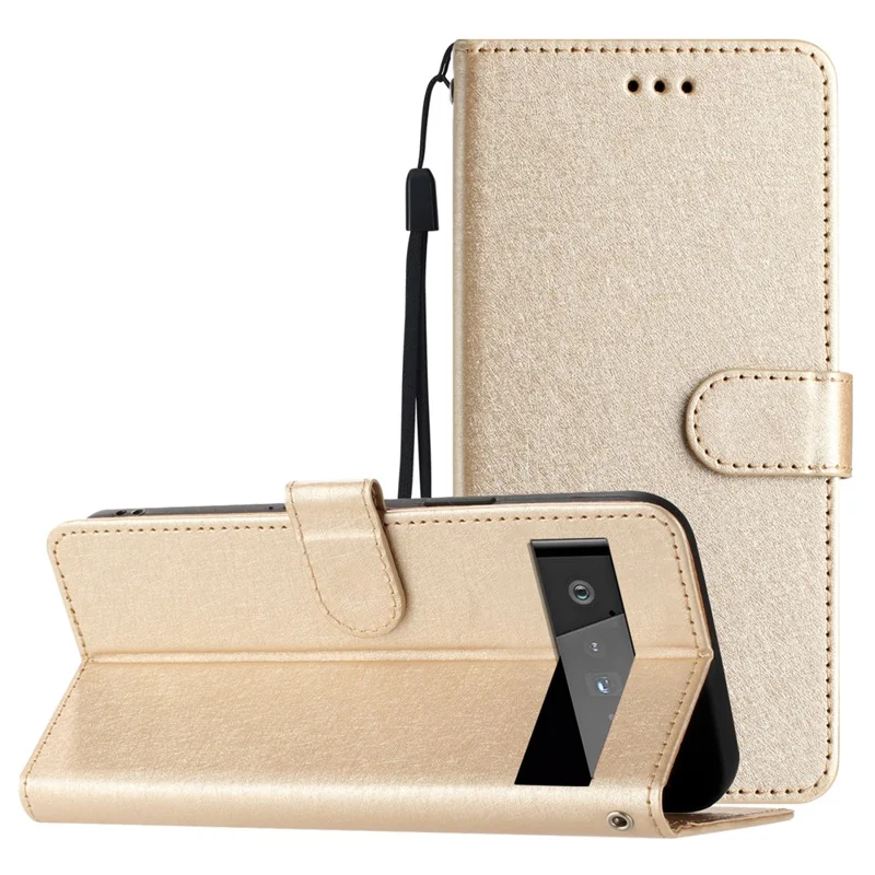 غطاء واقي لهاتف Google Pixel 6 Pro 5G من جلد PU بنسيج حريري مع محفظة قابلة للطي وحامل وشريط - ذهبي