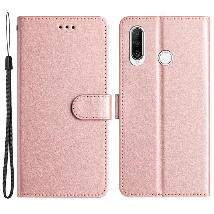 For Huawei P30 Lite Stand Flip Protective Cover PU Leather Silk Texture Wallet Phone Case with Strap - Rose Gold