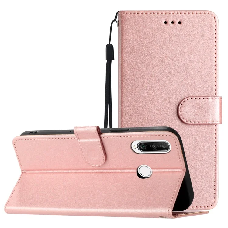 For Huawei P30 Lite Stand Flip Protective Cover PU Leather Silk Texture Wallet Phone Case with Strap - Rose Gold