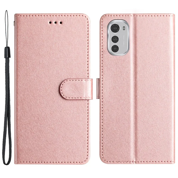 Capa de Telefone de Flip Magnética Para Motorola Moto E32 4g, PU Caulha de Textura de Silk Colate Tape Com Cinta - Rosa Ouro