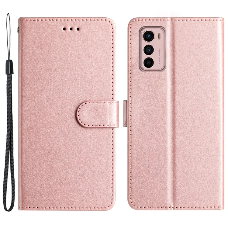 Para Motorola Moto G42 4G Carteira Couro PU Suporte Capa Alça de Mão Textura Seda Flip Case - Rose Gold