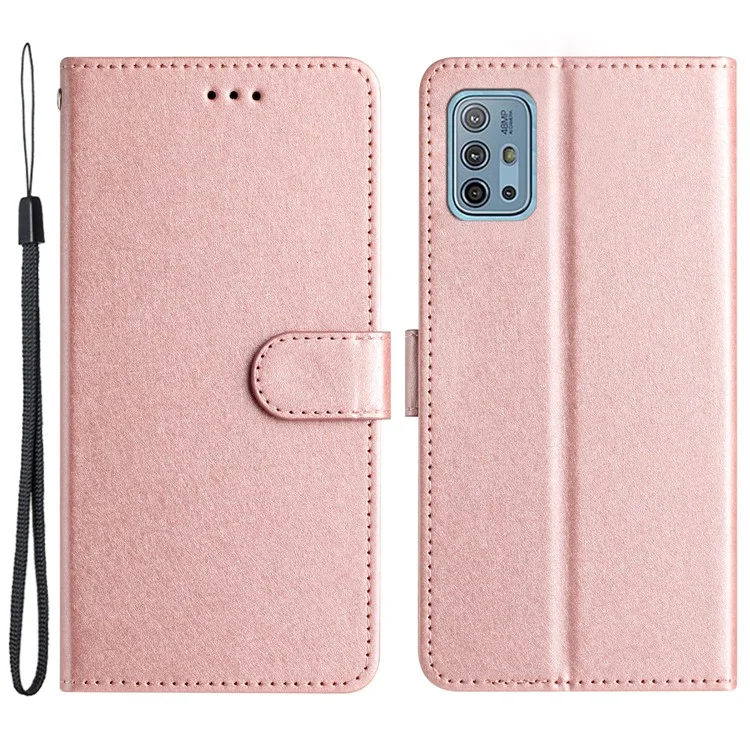 Pour Motorola Moto G10 / G20 / G30 TPU+PU Cuir Debout Couvercle Portefeuille Sangle à Main Texture Soie Flip Case - Or Rose