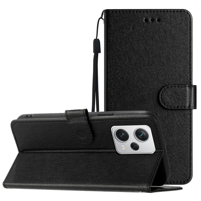 For Xiaomi Redmi Note 12 5G (China) / (India) / (Global) / Poco X5 5G Wallet Phone Case Silk Texture Stand Leather Cover - Black
