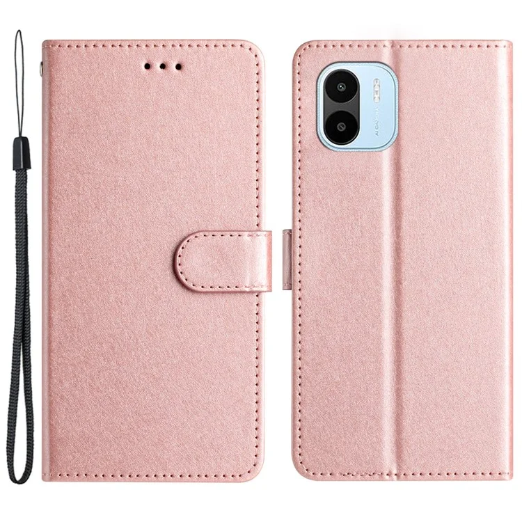 Für Xiaomi Redmi A1 4G / A2 4G Wallet Phone Case Stand Function Silk Texture Leather Cover with Wrist Strap - Rose Gold