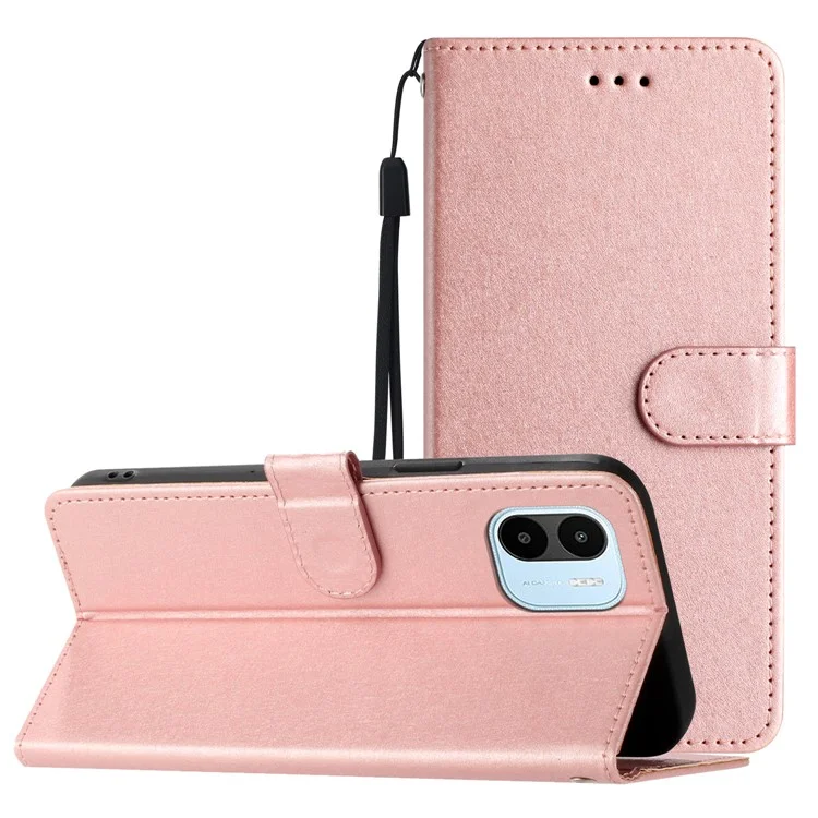Für Xiaomi Redmi A1 4G / A2 4G Wallet Phone Case Stand Function Silk Texture Leather Cover with Wrist Strap - Rose Gold