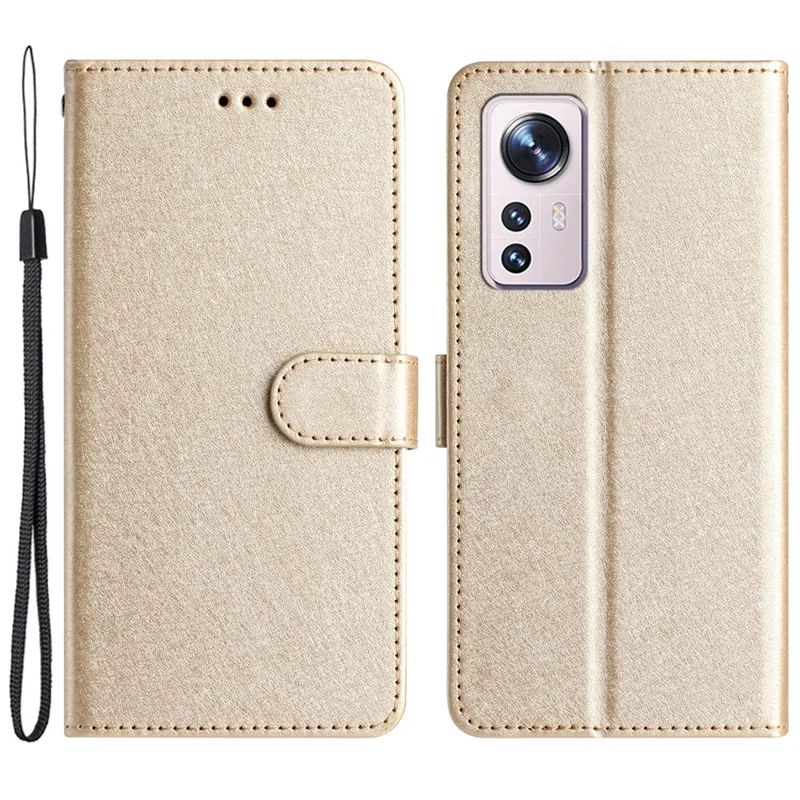 For Xiaomi 12 Lite 5G Wallet Phone Case Viewing Stand Silk Texture Leather Cover with Wrist Strap - Gold