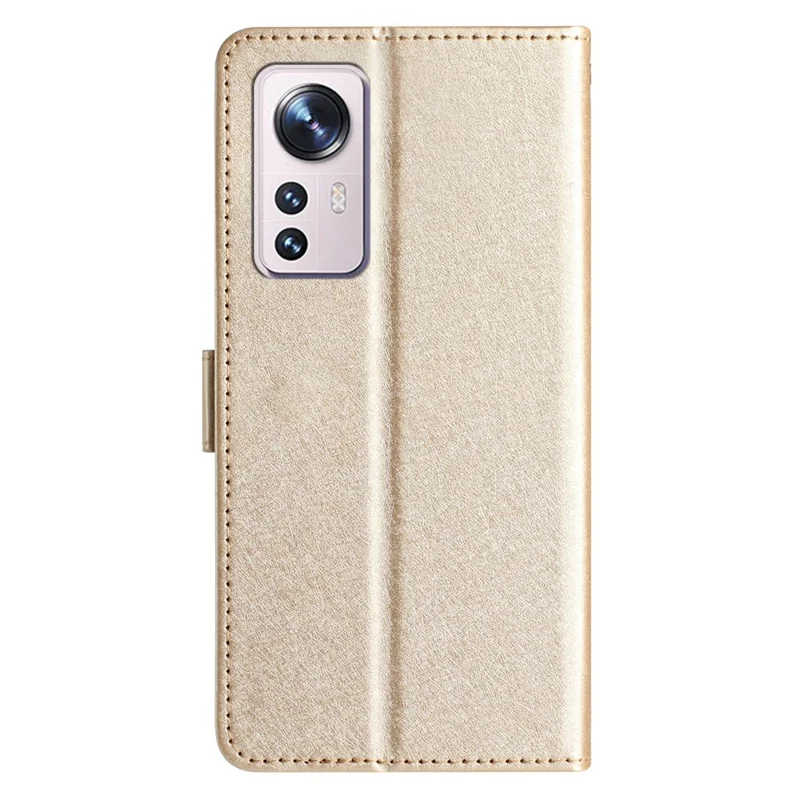For Xiaomi 12 Lite 5G Wallet Phone Case Viewing Stand Silk Texture Leather Cover with Wrist Strap - Gold