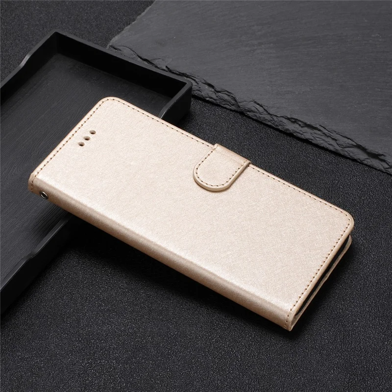 For Xiaomi 12 Lite 5G Wallet Phone Case Viewing Stand Silk Texture Leather Cover with Wrist Strap - Gold