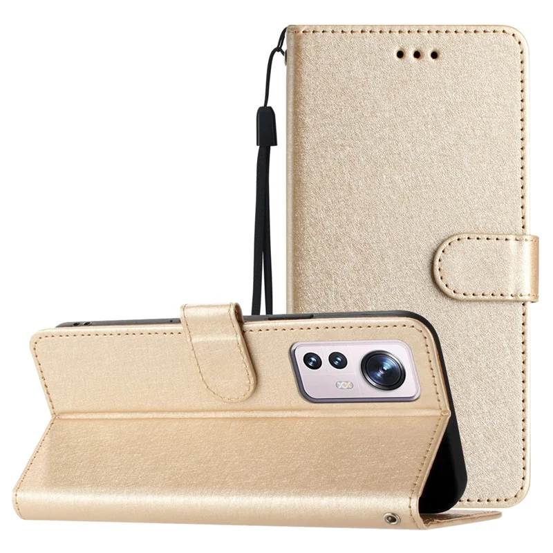 For Xiaomi 12 Lite 5G Wallet Phone Case Viewing Stand Silk Texture Leather Cover with Wrist Strap - Gold
