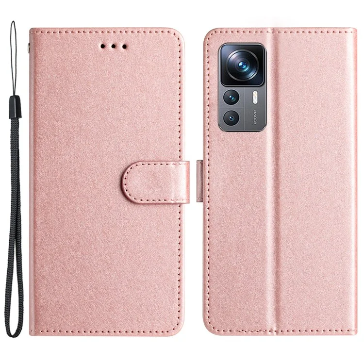 Stand Shell for Xiaomi 12T 5G / 12T Pro 5G / Redmi K50 Ultra Wallet Phone Case Silk Texture Leather Cover with Wrist Strap - Rose Gold