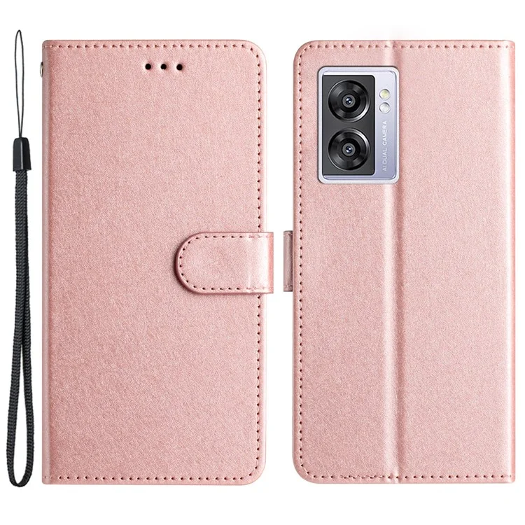 Silk Texture Shell for Oppo A57 (2022) 5G / A77 5G Wallet Phone Case Leather Cover with Wrist Strap - Rose Gold