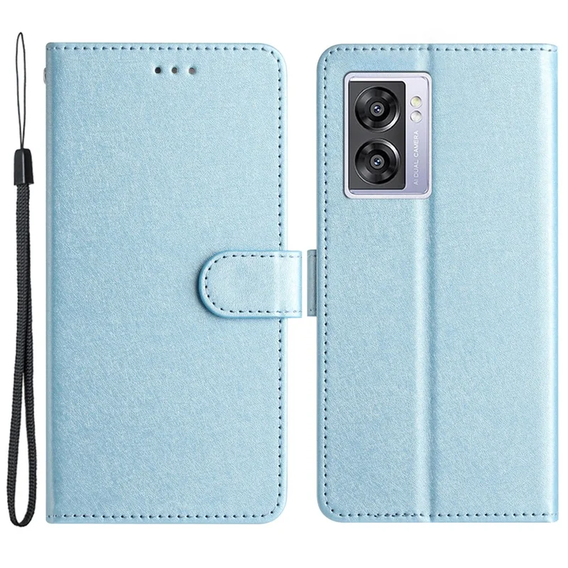 Silk Texture Shell for Oppo A57 (2022) 5G / A77 5G Wallet Phone Case Leather Cover with Wrist Strap - Sky Blue
