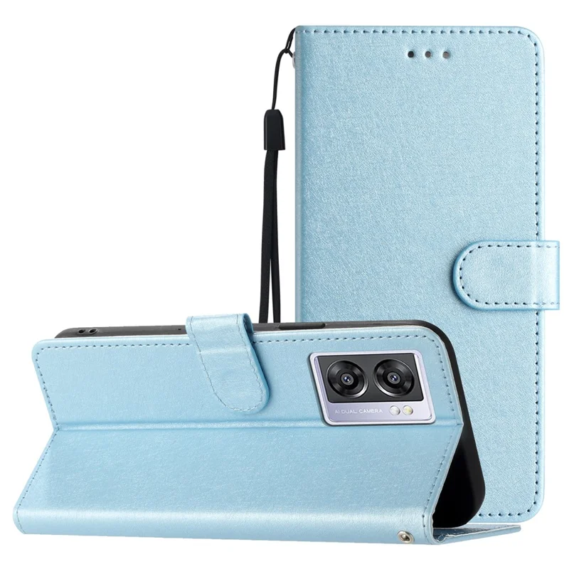 Silk Texture Shell for Oppo A57 (2022) 5G / A77 5G Wallet Phone Case Leather Cover with Wrist Strap - Sky Blue