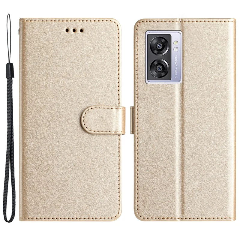 Silk Texture Shell for Oppo A57 (2022) 5G / A77 5G Wallet Phone Case Leather Cover with Wrist Strap - Gold