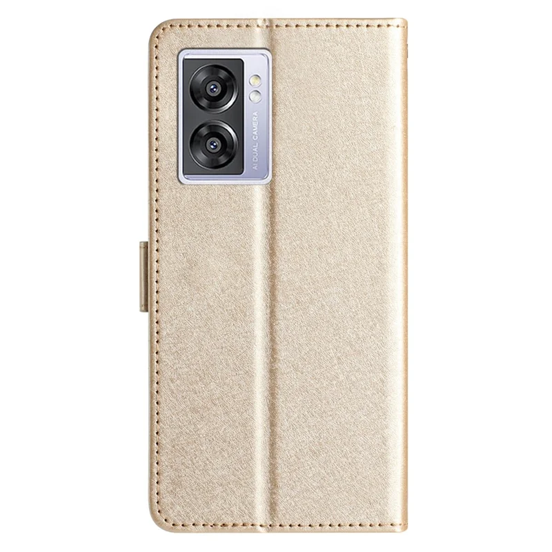 Silk Texture Shell for Oppo A57 (2022) 5G / A77 5G Wallet Phone Case Leather Cover with Wrist Strap - Gold