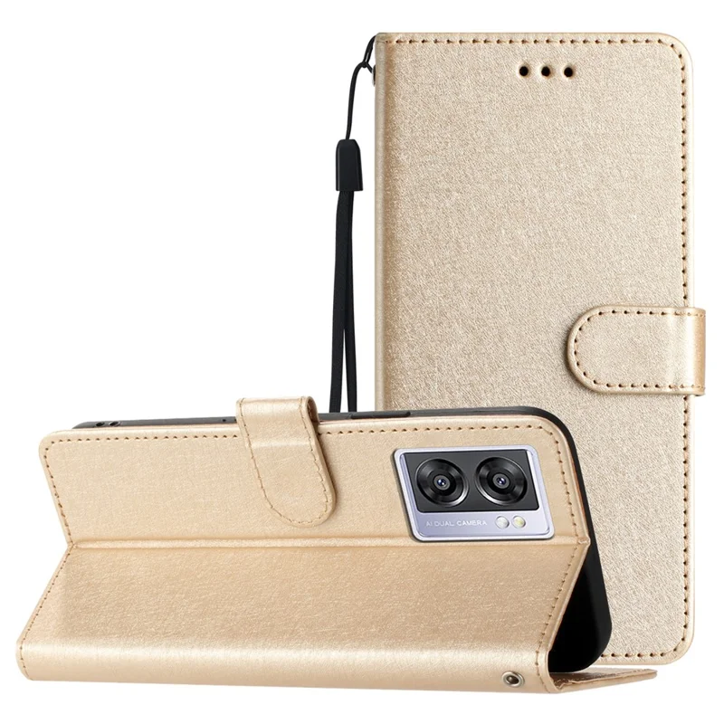 Silk Texture Shell for Oppo A57 (2022) 5G / A77 5G Wallet Phone Case Leather Cover with Wrist Strap - Gold