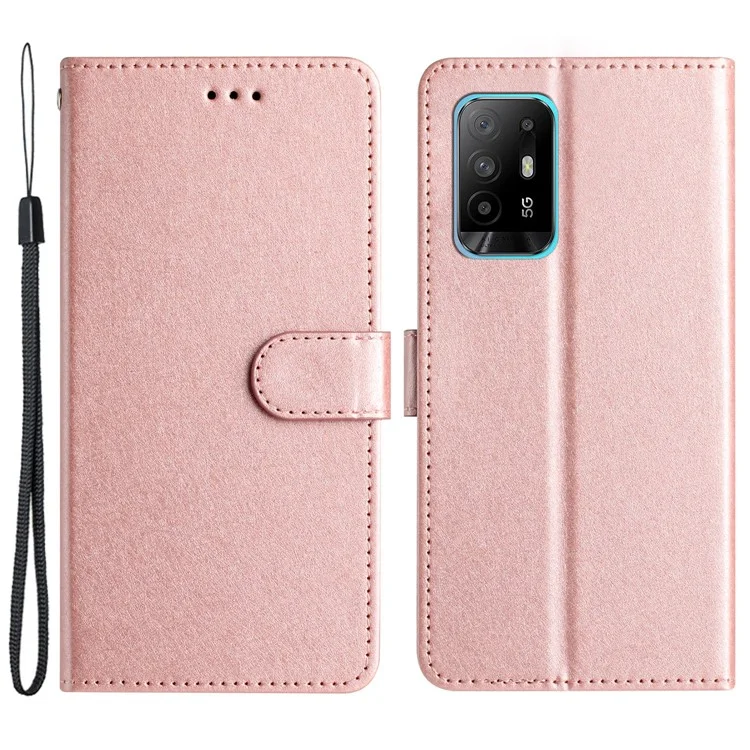 Stand Shell for Oppo A94 5G Bump Proof Wallet Phone Case Silk Texture Leather Cover with Wrist Strap - Rose Gold