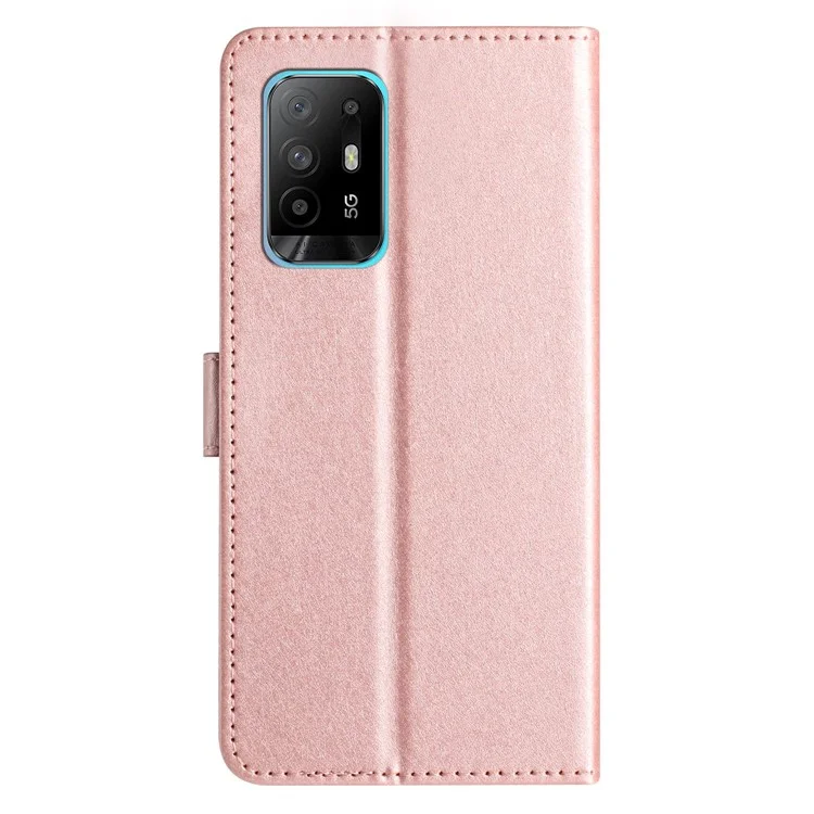 Stand Shell for Oppo A94 5G Bump Proof Wallet Phone Case Silk Texture Leather Cover with Wrist Strap - Rose Gold