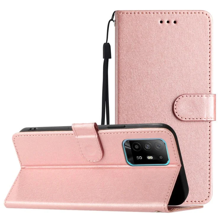 Stand Shell for Oppo A94 5G Bump Proof Wallet Phone Case Silk Texture Leather Cover with Wrist Strap - Rose Gold