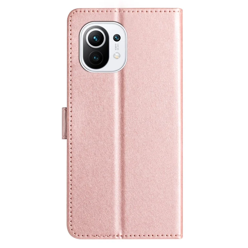 Silk Texture Stand Shell for Xiaomi Mi 11 Lite 4G / 5G / 11 Lite 5G NE Wallet Phone Case Leather Cover with Wrist Strap - Rose Gold