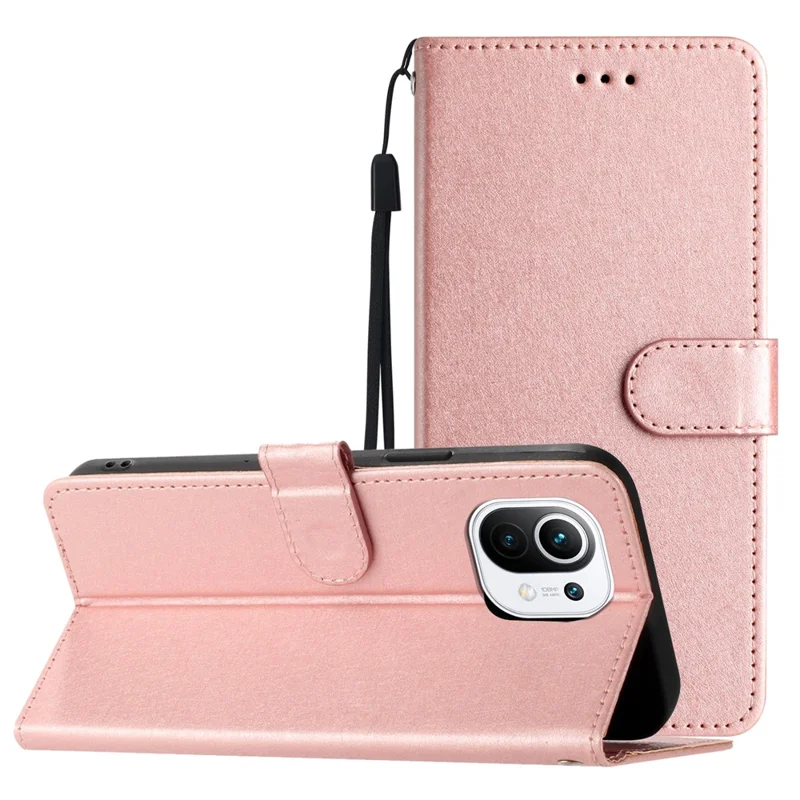 Silk Texture Stand Shell for Xiaomi Mi 11 Lite 4G / 5G / 11 Lite 5G NE Wallet Phone Case Leather Cover with Wrist Strap - Rose Gold