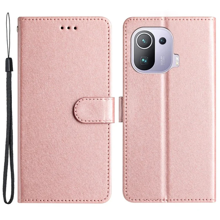 Para Xiaomi Mi 11 Pro Seda Textura Folio Flip Celular Suporte Capa Pu Leather Wallet Case com Alça de Mão - Rose Gold