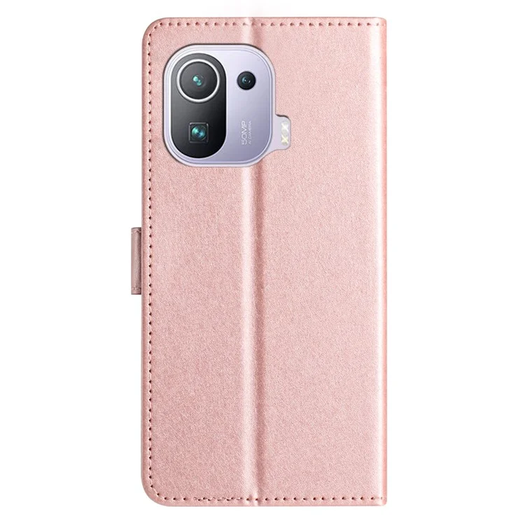 Para Xiaomi Mi 11 Pro Seda Textura Folio Flip Celular Suporte Capa Pu Leather Wallet Case com Alça de Mão - Rose Gold