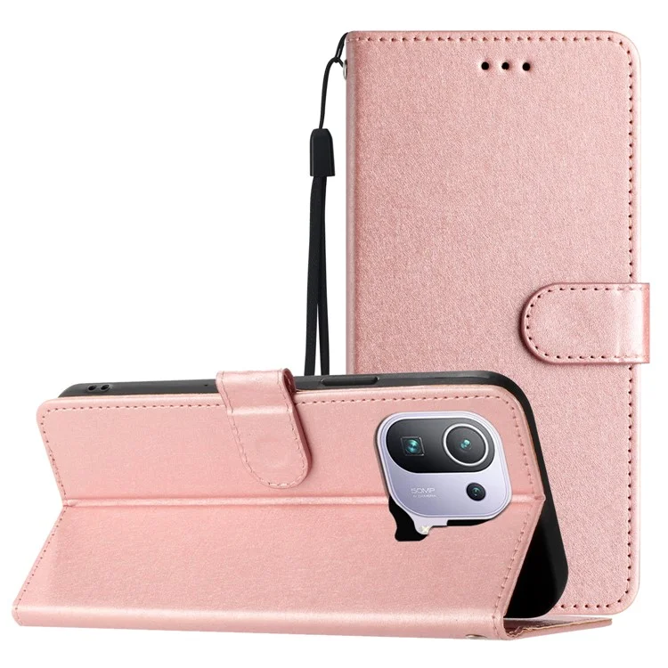 Para Xiaomi Mi 11 Pro Seda Textura Folio Flip Celular Suporte Capa Pu Leather Wallet Case com Alça de Mão - Rose Gold