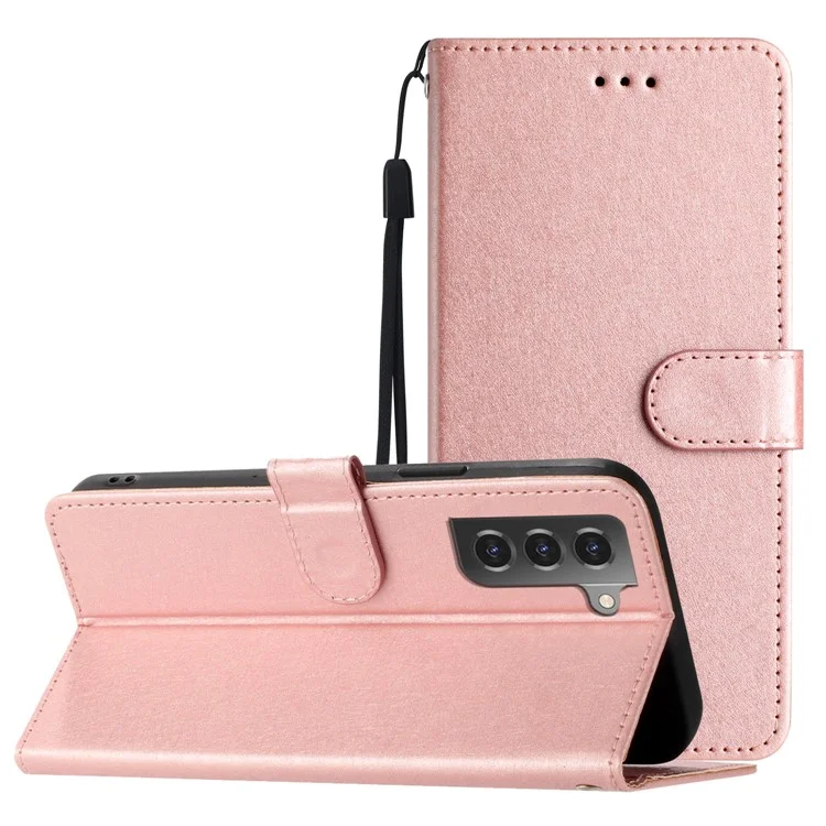 Protective Case for Samsung Galaxy S22+ 5G Silk Texture PU Leather Wallet Stand Phone Cover - Rose Gold