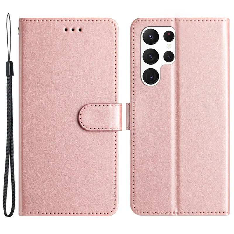 Pour Samsung Galaxy S22 Ultra 5G Étui en Cuir PU Coque Support Couverture Texture Soie Protection Complète Coque avec Sangle - Or Rose
