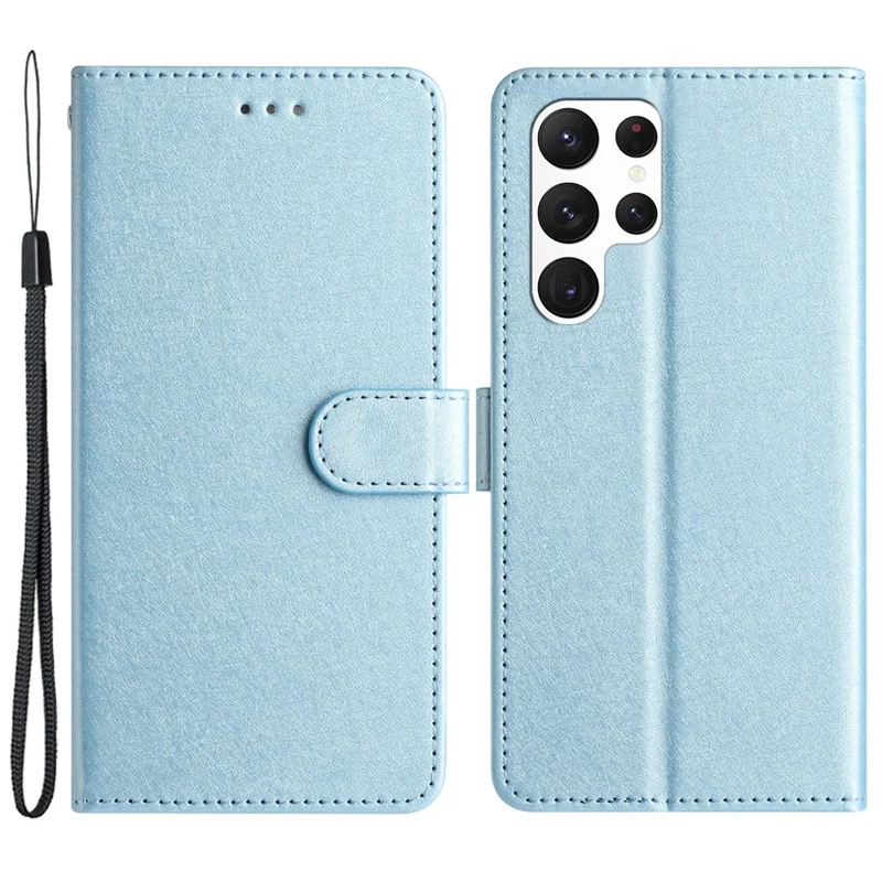 For Samsung Galaxy S22 Ultra 5G PU Leather Phone Case Stand Cover Silk Texture Full Protection Shell with Strap - Sky Blue