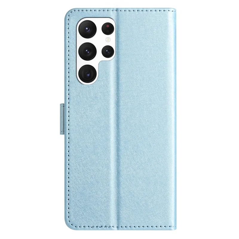 For Samsung Galaxy S22 Ultra 5G PU Leather Phone Case Stand Cover Silk Texture Full Protection Shell with Strap - Sky Blue
