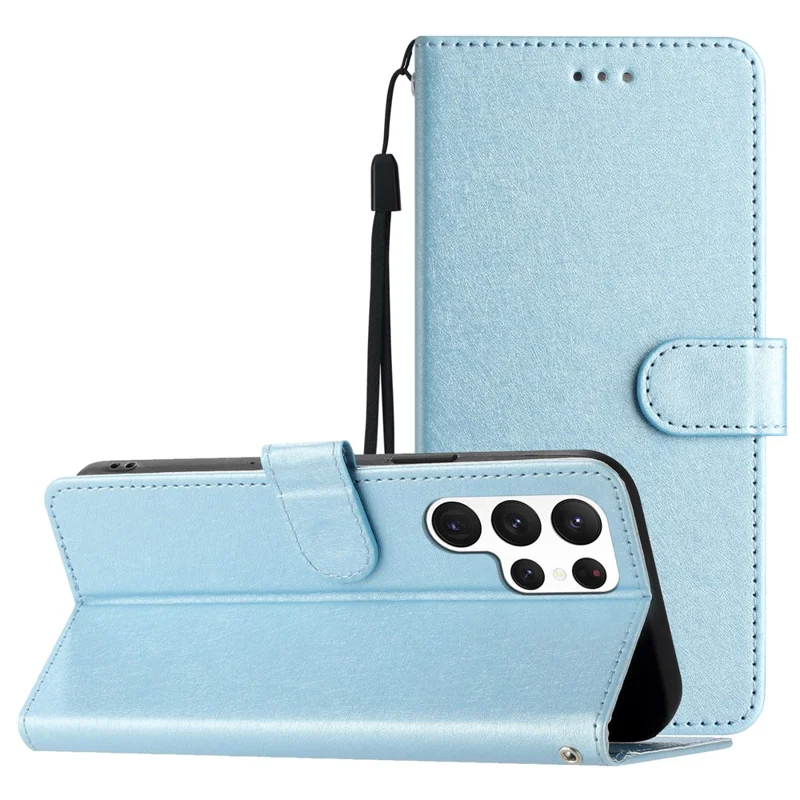 For Samsung Galaxy S22 Ultra 5G PU Leather Phone Case Stand Cover Silk Texture Full Protection Shell with Strap - Sky Blue